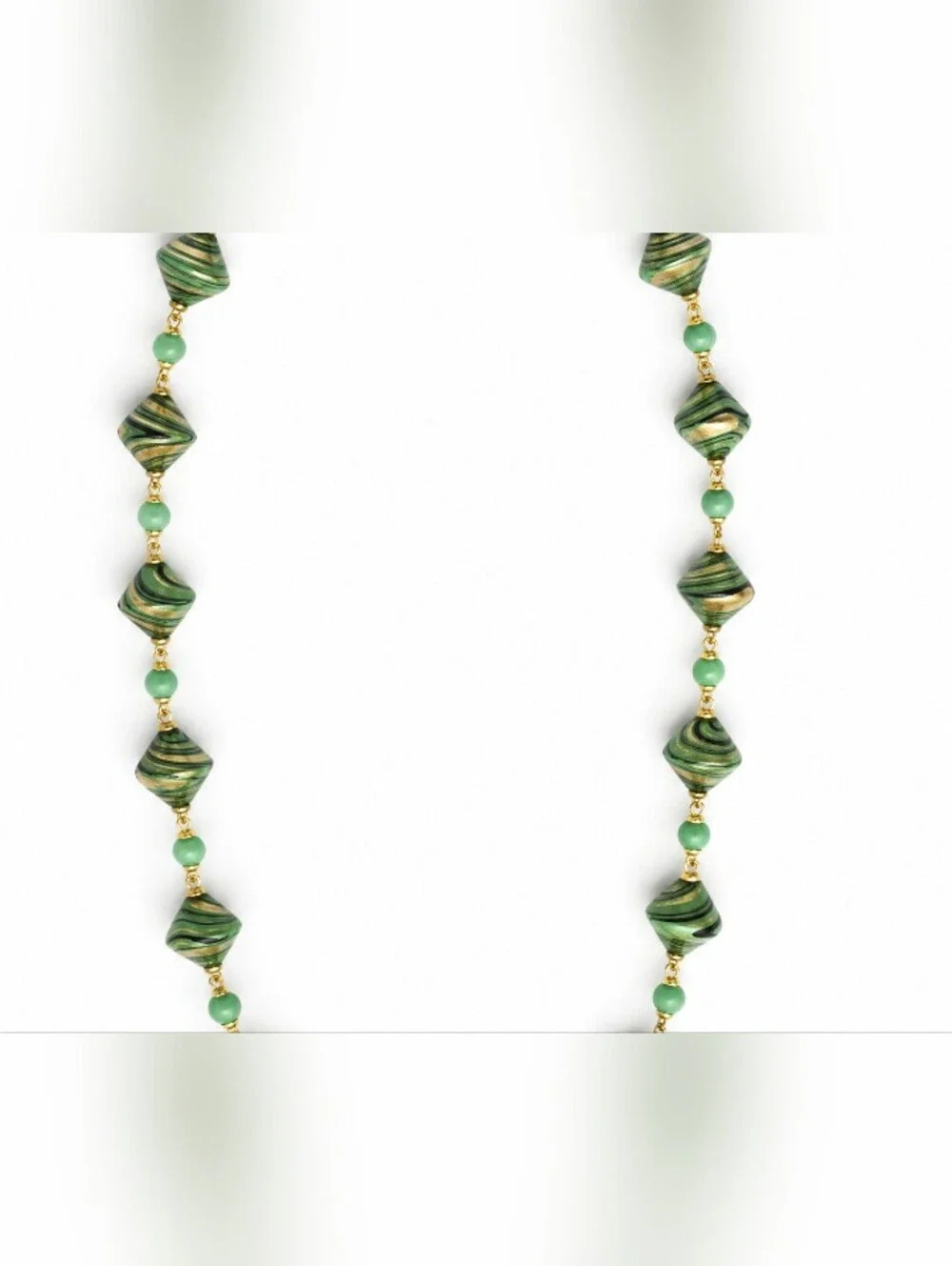 Vintage Green/Gold Marbled Statement Necklace – Long Artisan Strand Necklace